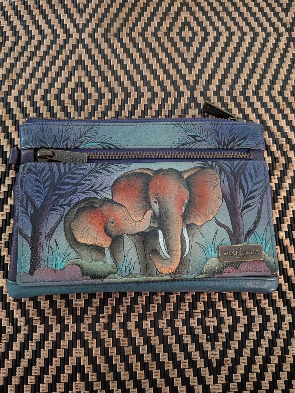 Anuschka Hand-Painted Leather Elephant Wallet Clutch Wallet